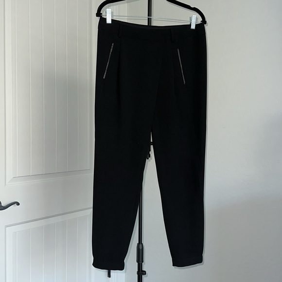 VINCE. Asymmetric Harem Trousers Leather Trim tapered hem Pants Size 6. Like New - Picture 13 of 16
